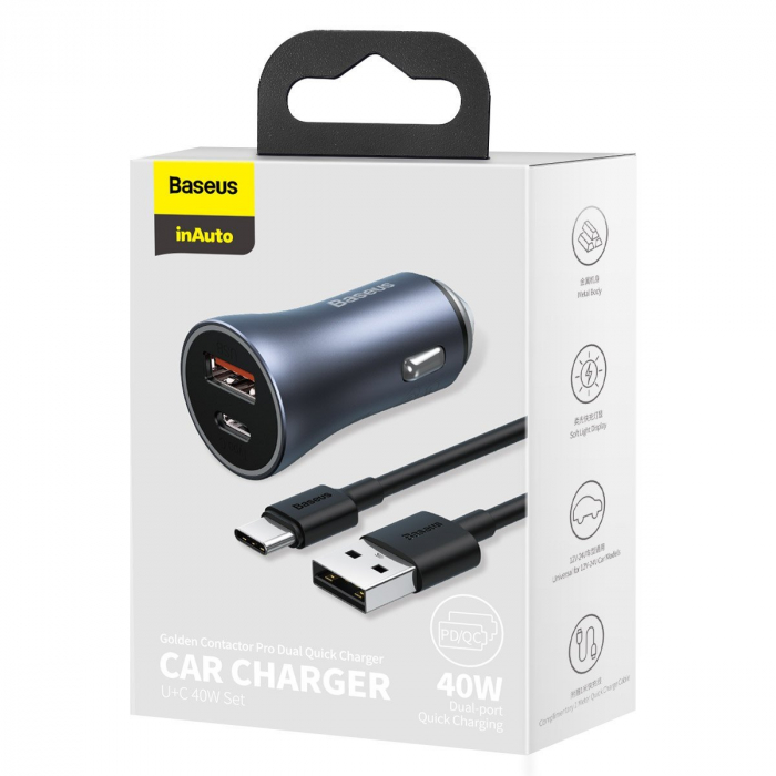 Incarcator auto BASEUS Golden Contactor Pro, USB + USB-C, QC4.0+, PD, SCP, 40W (gri) TZCCJD-0G [8]