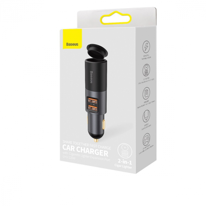 Incarcator auto rapid BASEUS Share Together, bricheta auto, 2x USB, 120W (gri) CCBT-D0G [10]