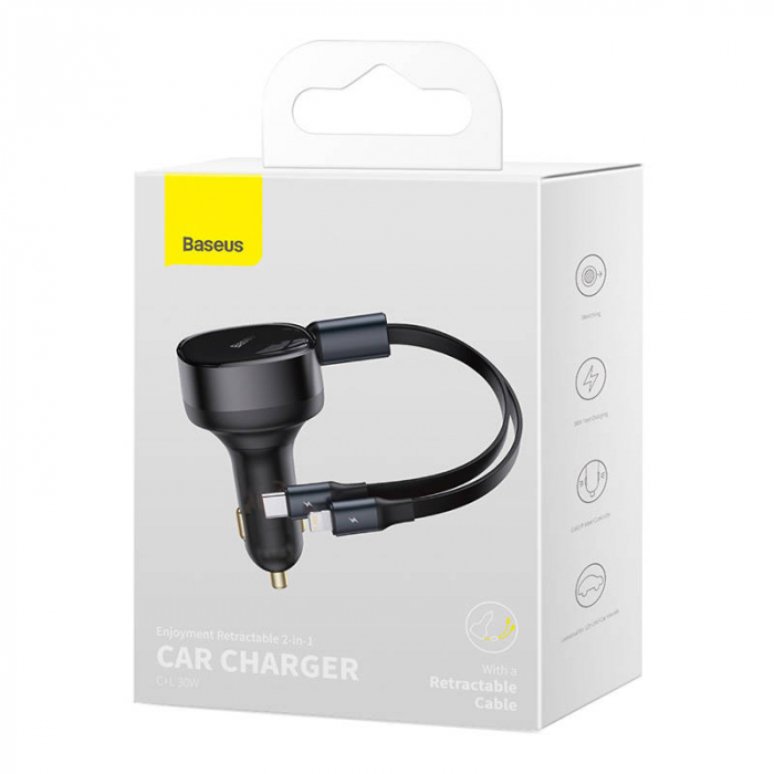 Incarcator auto BASEUS Enjoyment cu cablu USB-C + Lightning 3A, 30W (negru) CGTX000001 [5]