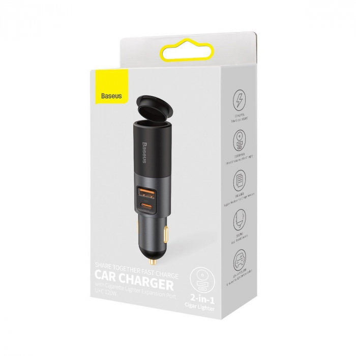 Incarcator auto rapid BASEUS Share Together, bricheta auto,USB + USB-C, 120W (gri) CCBT-C0G [10]