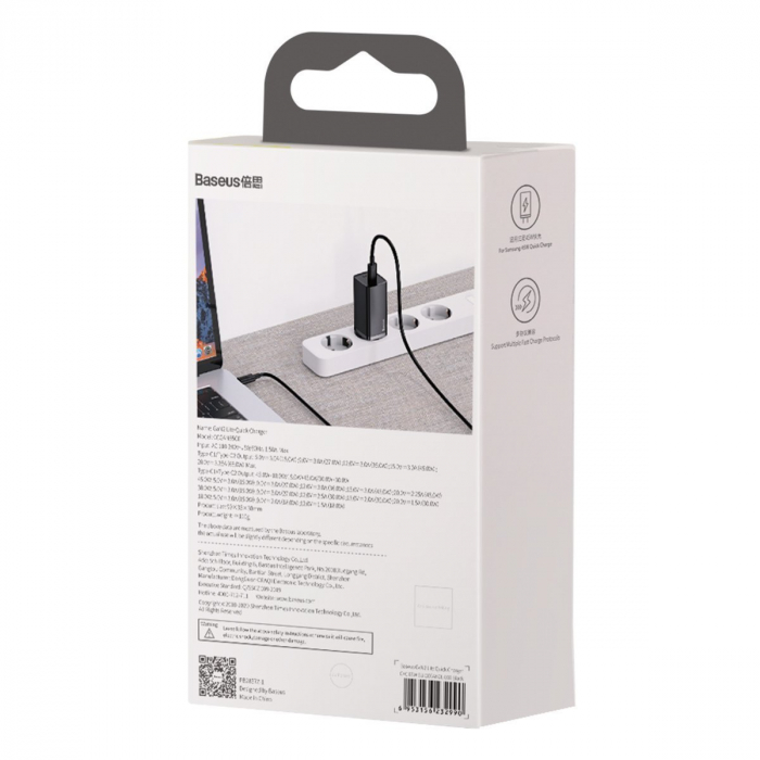 Incarcator de retea rapid BASEUS GaN Lite Quick Travel 2 X USB-C 65W (negru) CCGAN2L-E01 [8]