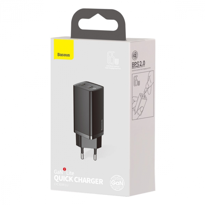 Incarcator de retea rapid BASEUS GaN Lite Quick Travel 2 X USB-C 65W (negru) CCGAN2L-E01 [7]
