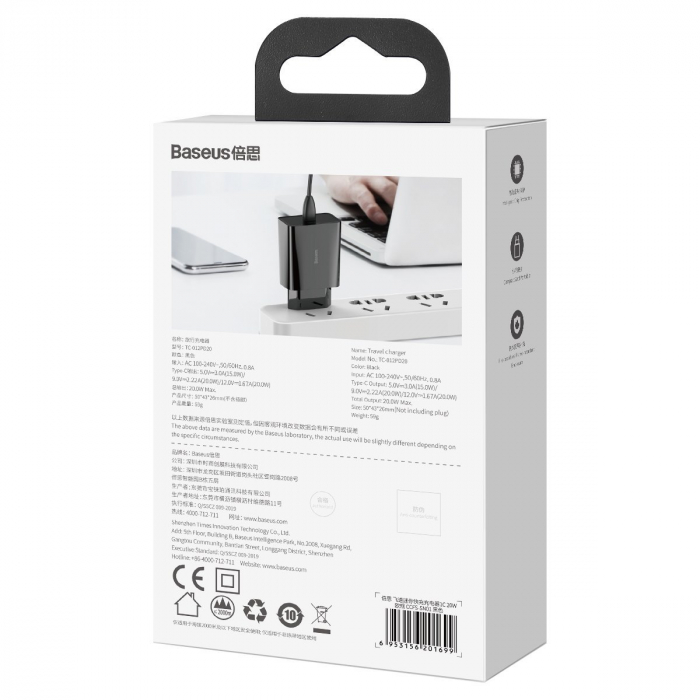 Incarcator de retea rapid BASEUS Speed Mini PD 3A 20W USB-C (negru) CCFS-SN01 [11]