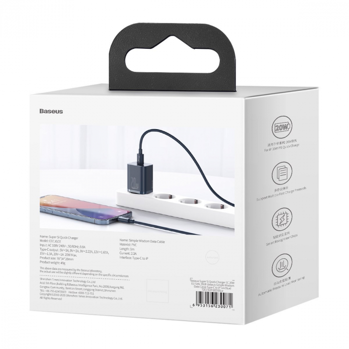 Incarcator de retea rapid BASEUS Super Si cu cablu USB-C la Lightning 1C 20W (albastru) TZCCSUP-B03 [11]