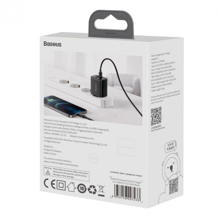 Incarcator rapid de retea BASEUS Quick Charger USB, USB-C, 20 W (negru) CCXJ-B01 [10]