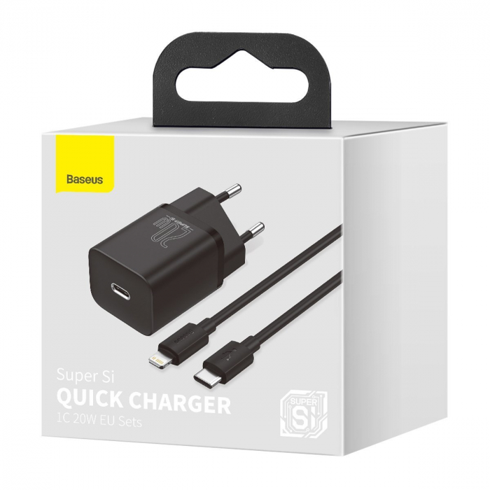 Incarcator de retea rapid BASEUS Super Si 1C 20W cablu USB-C pentru Lightning 1m (negru) TZCCSUP-B01 [10]