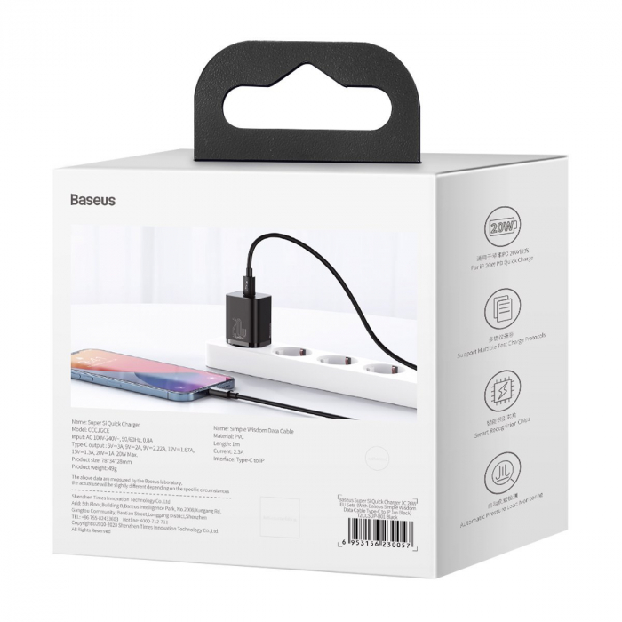 Incarcator de retea rapid BASEUS Super Si 1C 20W cablu USB-C pentru Lightning 1m (negru) TZCCSUP-B01 [11]