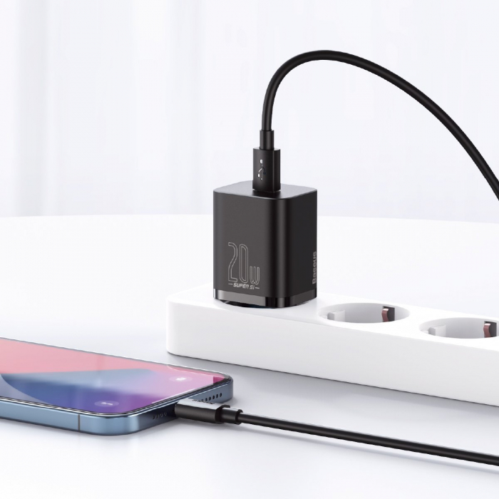 Incarcator de retea rapid BASEUS Super Si 1C 20W cablu USB-C pentru Lightning 1m (negru) TZCCSUP-B01 [12]