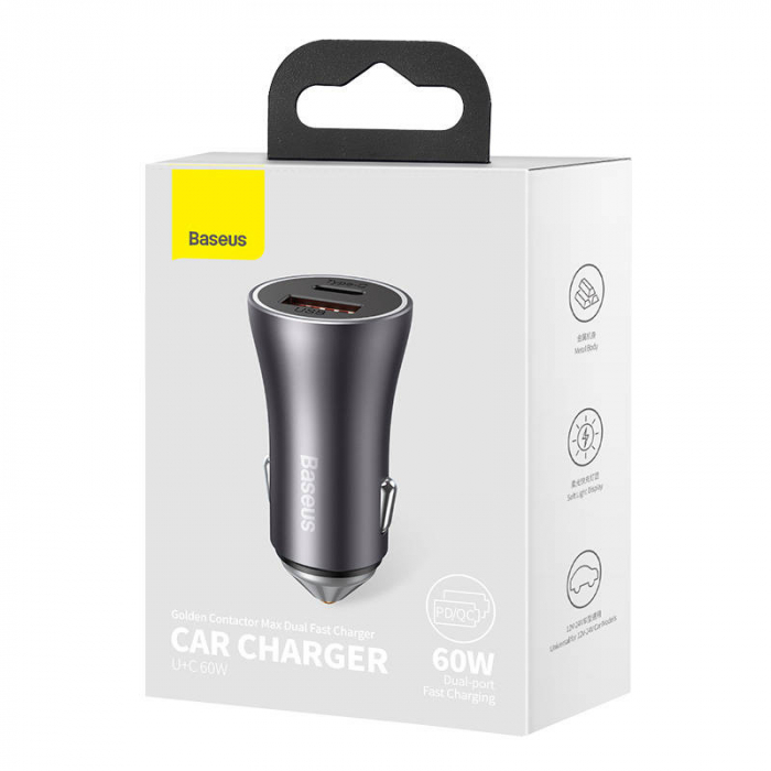 Incarcator rapid auto BASEUS Golden Contactor Max, USB + USB-C, 60W (gri) CGJM000113 [5]