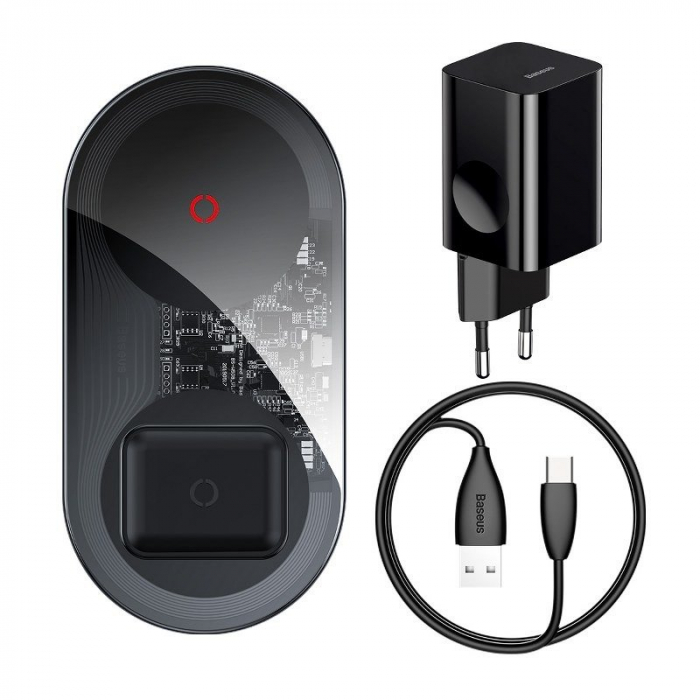 Incarcator wireless baseus simple turbo qi 2in1 20w pentru smartphone si apple airpods (transparent) tzwxjk-b01