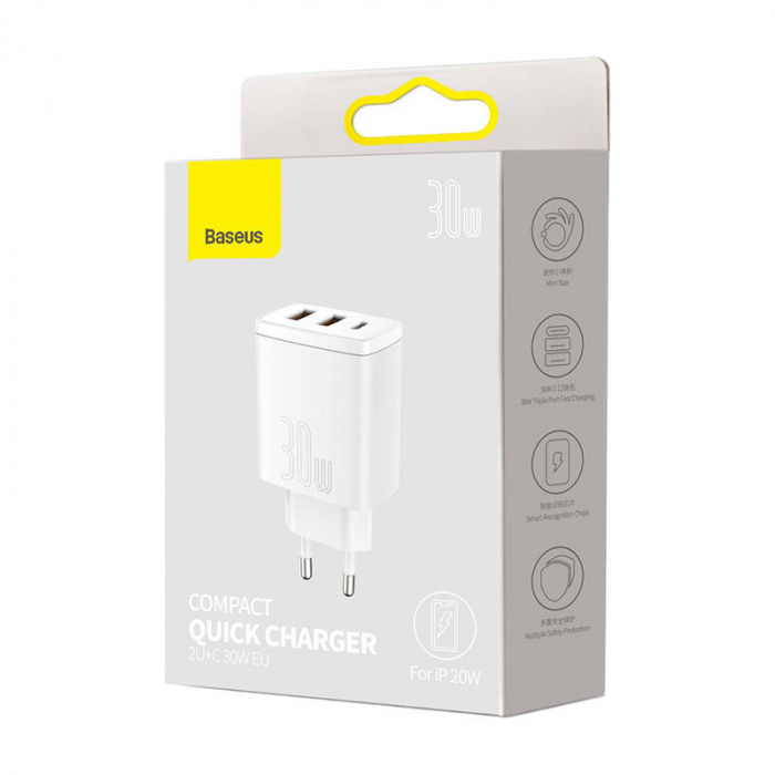 Incarcator rapid de retea BASEUS Quick Charger 2xUSB, USB-C, 30W 3A (alb) CCXJ-E02 [4]