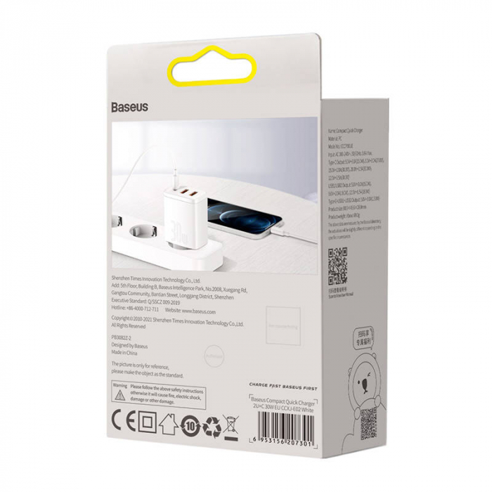 Incarcator rapid de retea BASEUS Quick Charger 2xUSB, USB-C, 30W 3A (alb) CCXJ-E02 [5]