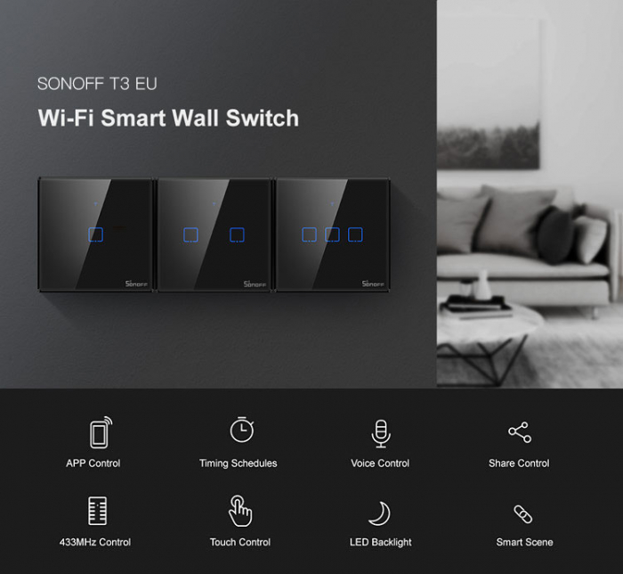 Intrerupator inteligent simplu cu touch WiFi + RF 433 SONOFF T3 EU TX aplicatie eWeLink IM190314018 [5]