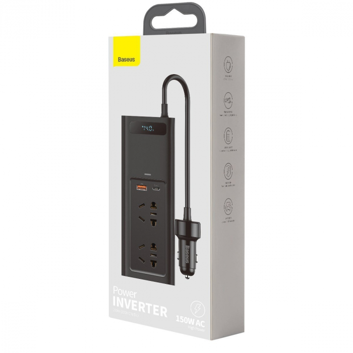 Invertor auto electric BASEUS IGBT 2 X AC, USB-C, USB-A, 150W 220V (CN / EU) (negru) CRNBQ-A01 [9]