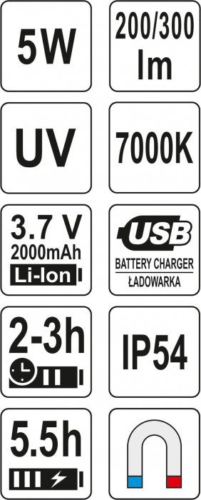 Lanterna multifunctionala cu acumulator YATO reincarcabila LED 5W 300lm + UV USB [8]