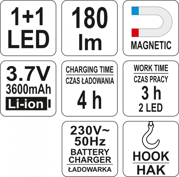 Lampa magnetica cu acumulator YATO 2 in 1 180lm Li-Ion 3.7V 1 + 1 LED [8]