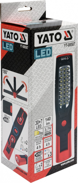 Lampa magnetica cu acumulator YATO 30x7 SMD led reincarcabila USB 140lm [5]