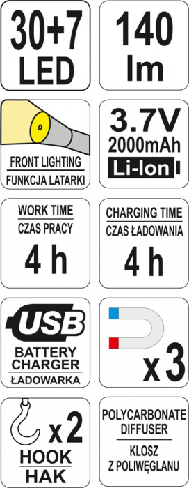 Lampa magnetica cu acumulator YATO 30x7 SMD led reincarcabila USB 140lm [7]