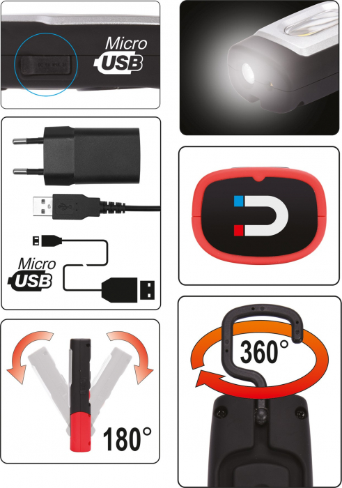 Lampa magnetica cu acumulator YATO 3W COB led reincarcabila USB 350lm [4]