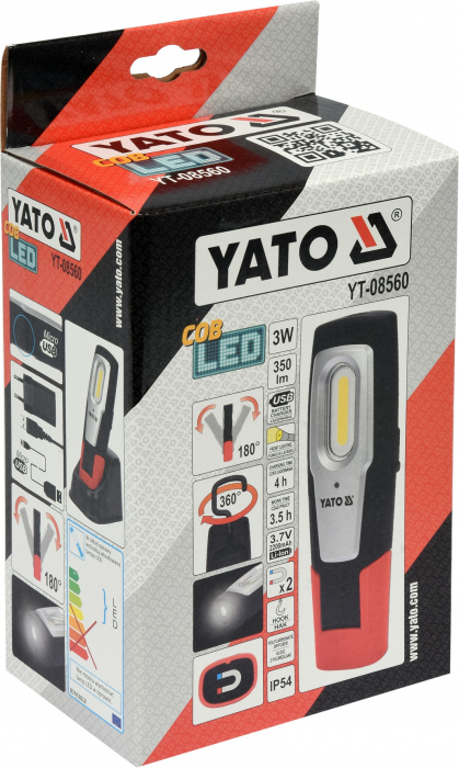 Lampa magnetica cu acumulator YATO 3W COB led reincarcabila USB 350lm [3]