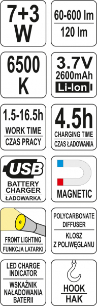 Lanterna LED YATO, Acumulator Li-Ion, 7 + 3W, 2600 mAh, 60/600 Lm, USB [6]