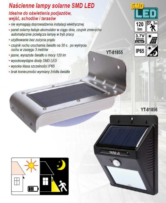 Lampa solara de perete YATO cu senzor miscare 16 LED SMD 120lm IP65 [8]
