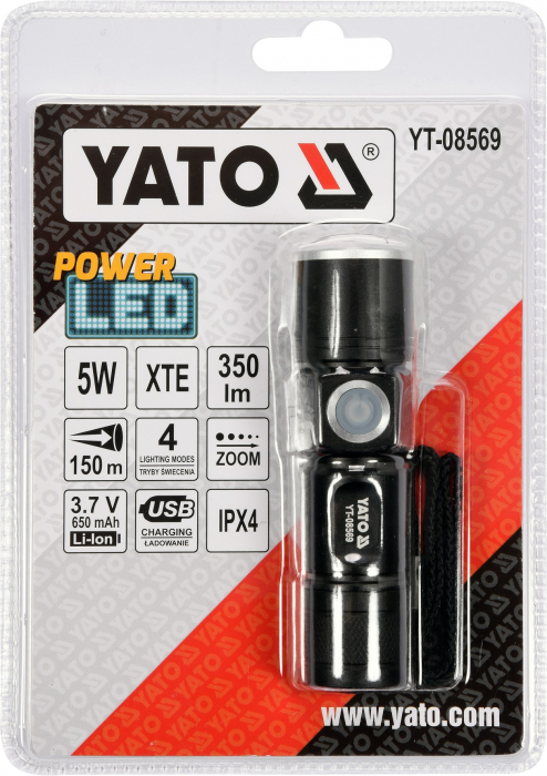 Lanterna led cu acumulator YATO reincarcabila 5W 350lm XTE ZOOM 650 mAh USB [3]