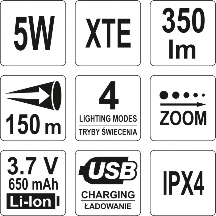 Lanterna led cu acumulator YATO reincarcabila 5W 350lm XTE ZOOM 650 mAh USB [4]