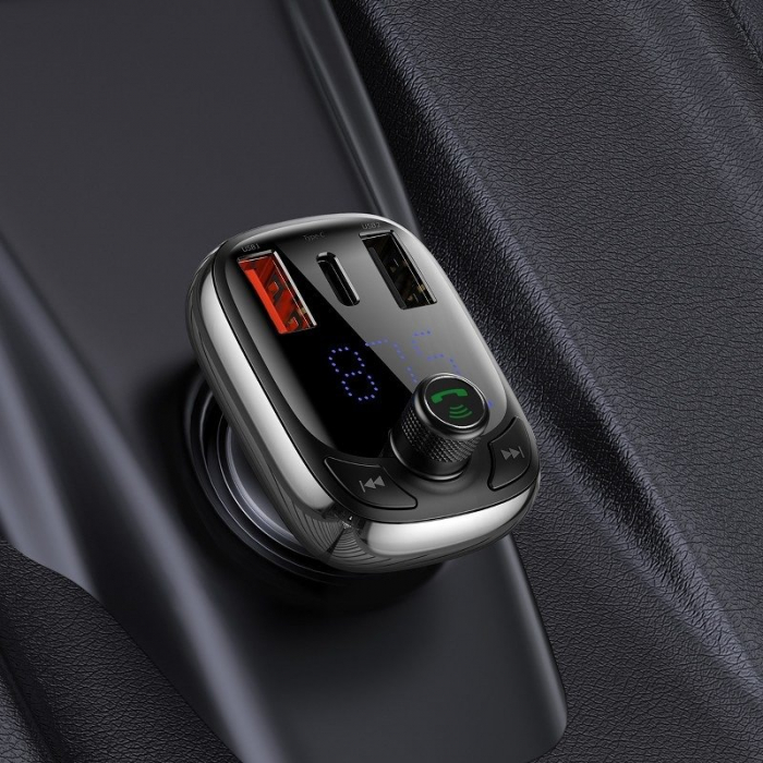Modulator FM bluetooth 5.0 BASEUS Tip T 2xUSB, USB-C, PD, QC 3.0, microSD (negru) CCTM-B01 [7]