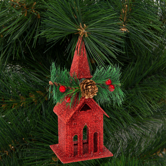 Ornament de brad cu agatatoare - biserica - 16 x 6.5 cm - rosie