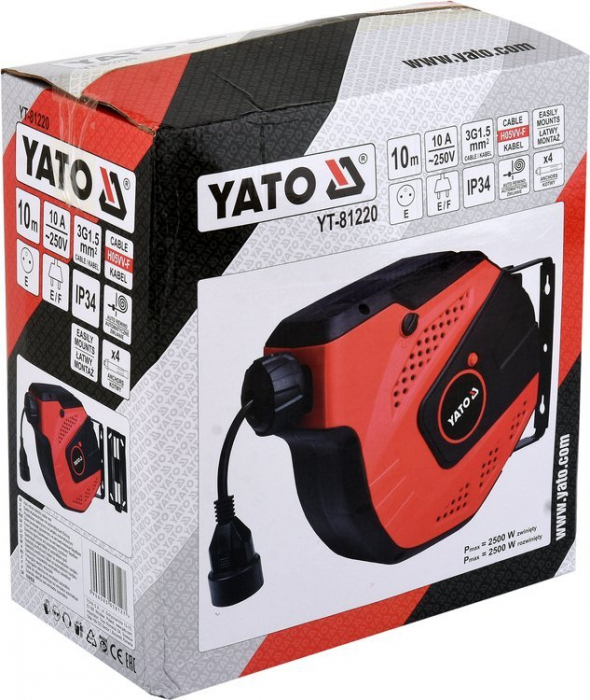 Prelungitor electric de perete YATO, pe tambur,  auto retractabil, 10A, cablu 3x1.5mm2 [3]