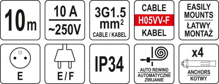 Prelungitor electric de perete YATO, pe tambur,  auto retractabil, 10A, cablu 3x1.5mm2 [2]