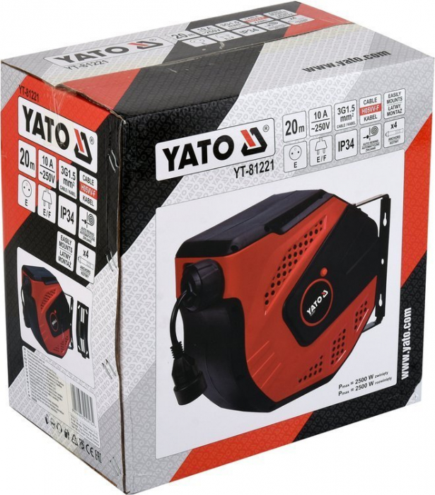 Prelungitor electric de perete YATO, pe tambur,  auto retractabil, 10A, cablu 3x1.5mm2 [2]
