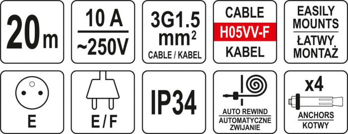 Prelungitor electric de perete YATO, pe tambur,  auto retractabil, 10A, cablu 3x1.5mm2 [3]