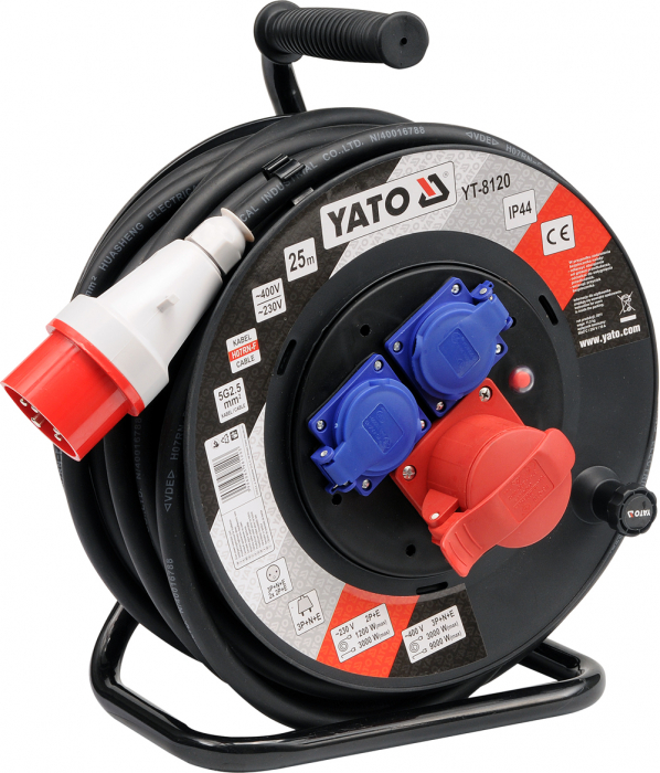 Prelungitor electric trifazic yato, pe tambur, ip44, 25m, cablu 5x2.5mm2, 230 400v