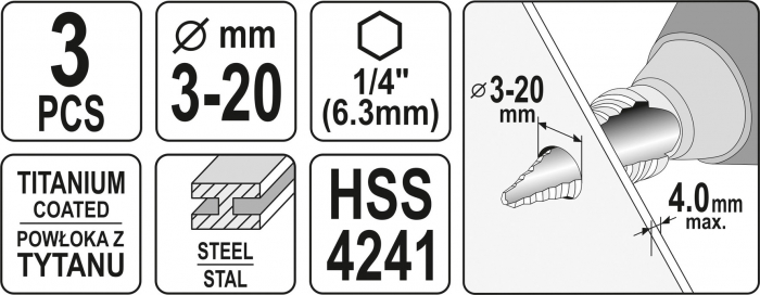 Set burghie in trepte YATO, HSS, 3-20mm, 3buc [4]