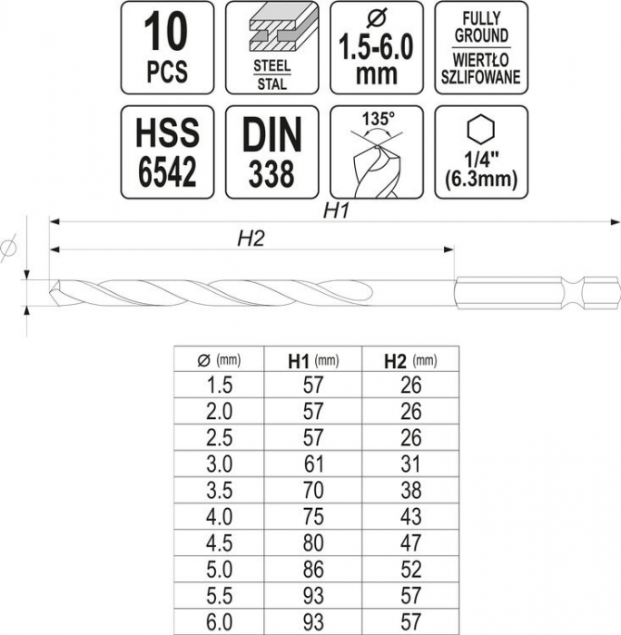 Set burghie metal YATO HSS prindere hex 1.5 - 6 mm [5]