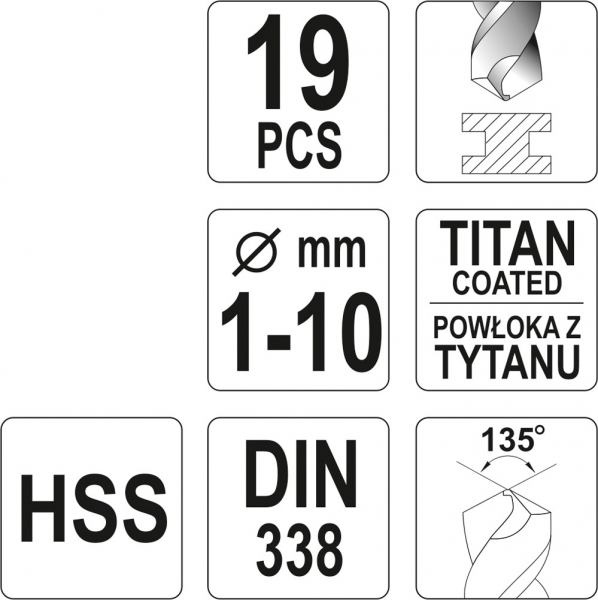 Set burghie pentru metal YATO, HSS-Titan, DIN 338, 19buc [3]