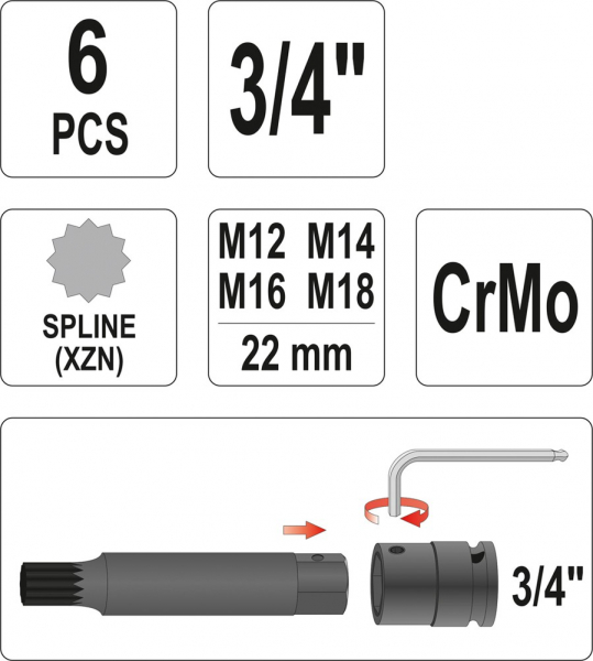 Set chei tubulare YATO, de impact, SPLINE, M12-M18, CrMo, 3/4", 6buc [3]