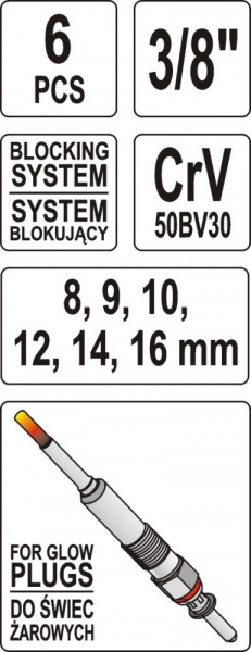 Set chei YATO, pentru bujii incandescente, 8 - 16mm, 3/8", 6buc [2]