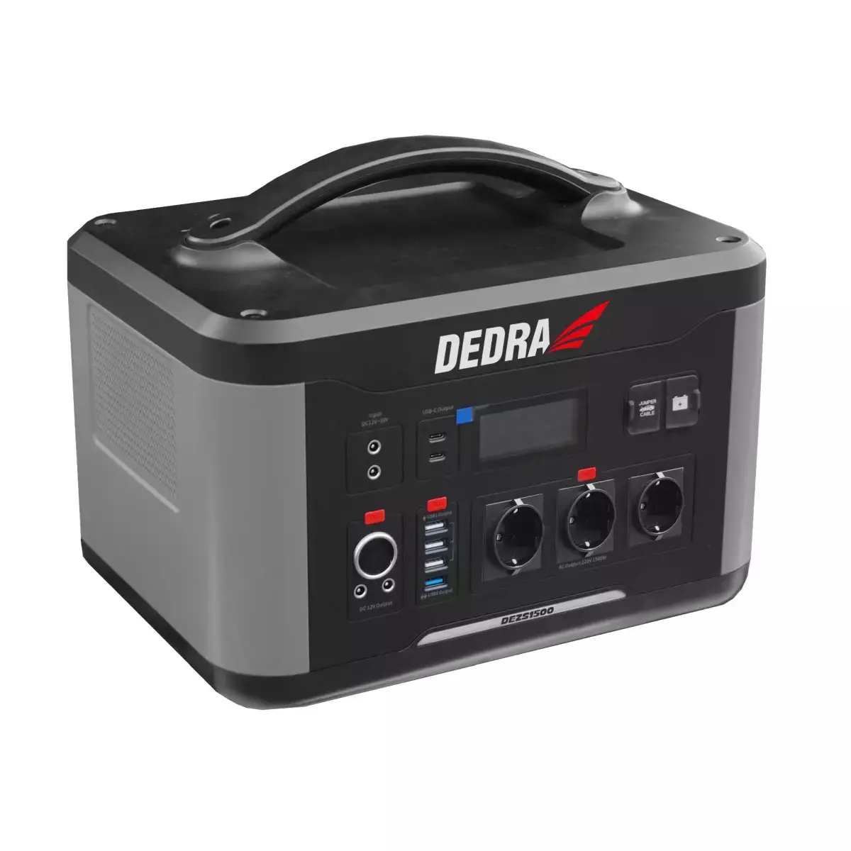 Statie de alimentare electrica DEDRA 1500 3000W 55Ah prize AC incorporate 3x230V 50Hz, DC 12V 10A, port USB 2.0×3, USB 3.0×1, USB Cx1, 12Vx2, priza auto, LED, LCD (50Hz)