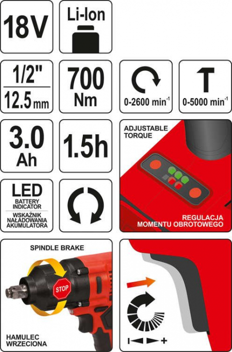 Surubelnita de impact YATO, 1/2, 18V, 1 X 3Ah, Li-Ion, 700Nm [8]