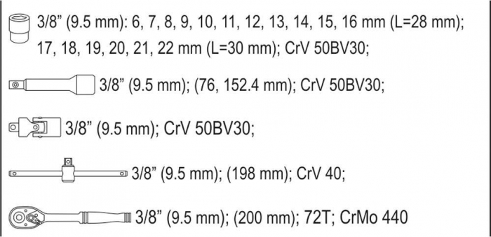 Trusa chei tubulare YATO 3/8 CrV 22 piese [6]
