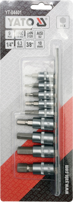 Trusa de tubulare cu biti HEX YATO H2-H12, 1/4-3/8 CrV 9buc [2]