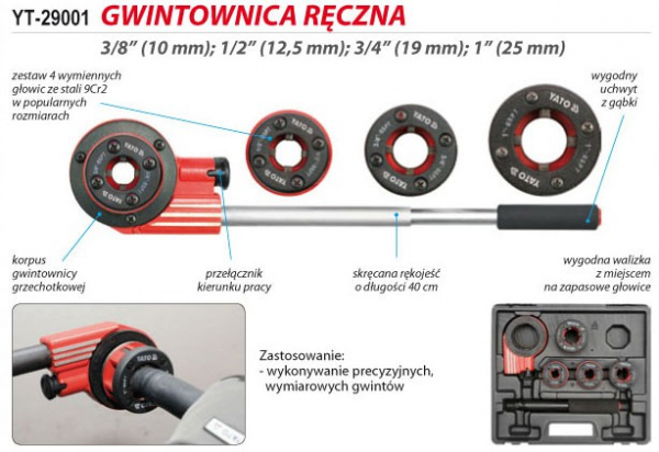 Trusa filiere YATO, pentru tevi, 3/8 - 1/2 - 3/4 - 1 tol, 5buc [5]