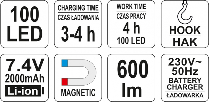 Lampa atelier magnetica YATO iluminare motor 2 in 1 reincarcabila 100 LED 600lm [7]