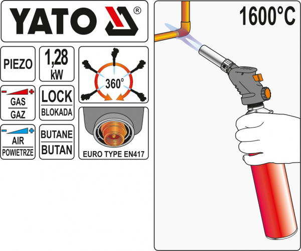Arzator cu gaz YATO, piezo, 1600 °C [3]