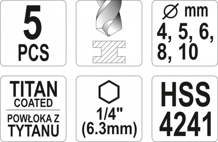 Set burghie YATO, pentru metal, HSS-titan, 1/4, 5buc [3]