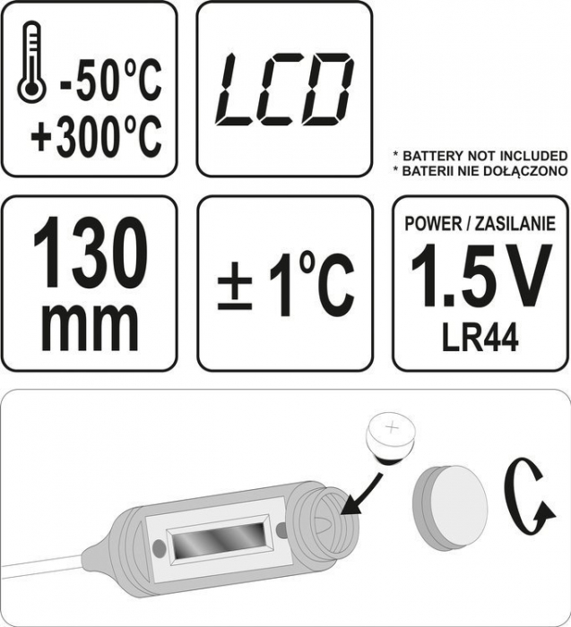 Termometru electronic YATO, cu sonda, LCD, -50°C - +300°C [5]