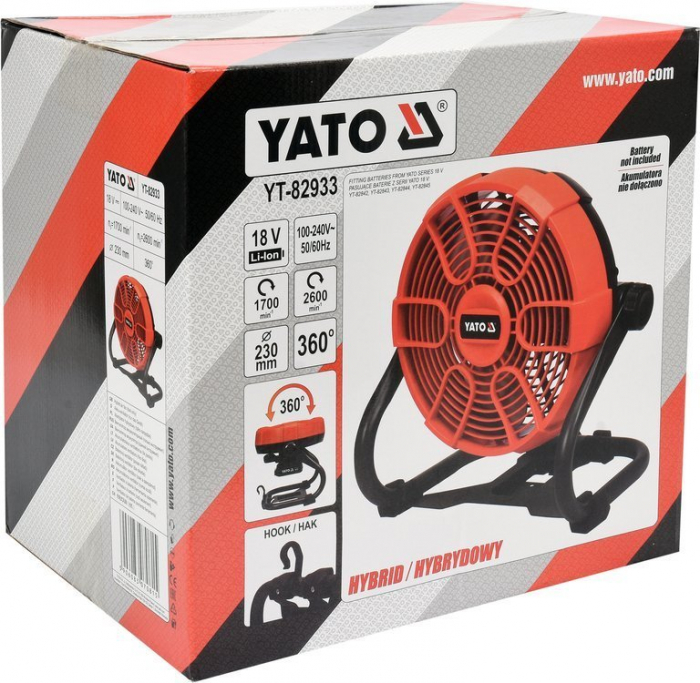 Ventilator hibrid YATO 18V/240V 230mm unghi 0 - 360 ° 1700 - 2600 rpm (Fara acumulator si incarcator) [9]